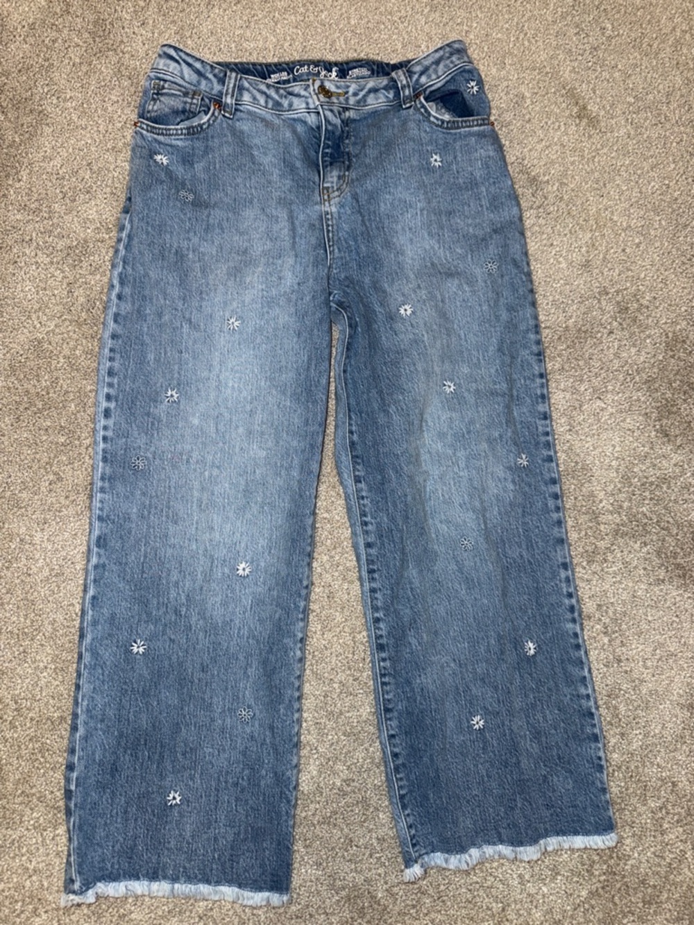 Cat & Jack Medium Blue Wide-Leg Jeans with White flower Embroidery 14